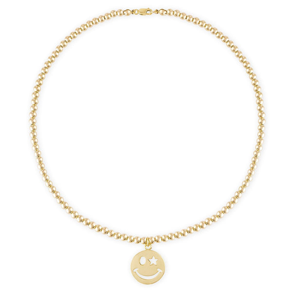 4MM Bead Ball Necklace with Gold Smiley Face