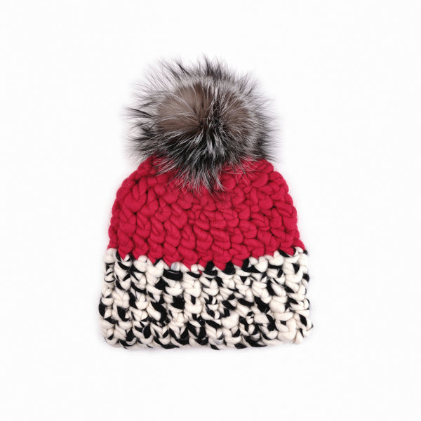 Red White and Black Color block Beanie with Silver Fox Pom by Mischa Lampert