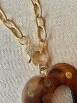 Wood Studded Heart Necklace with Pave Diamond Clasp