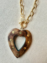 Wood Studded Heart Necklace with Pave Diamond Clasp
