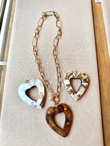 Wood Studded Heart Necklace with Pave Diamond Clasp