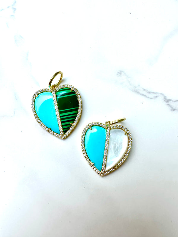 Split Malachite and Turquoise Heart Cz Charm
