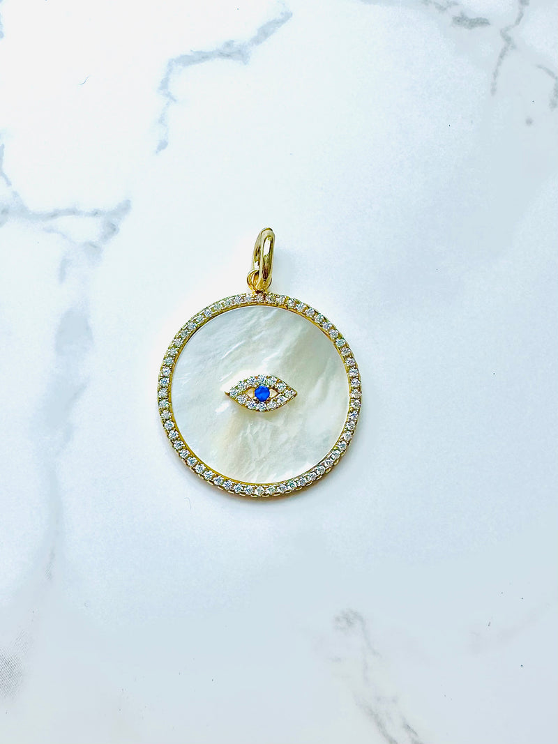 Mother of Pearl Disk Charm with Cz Evil Eye