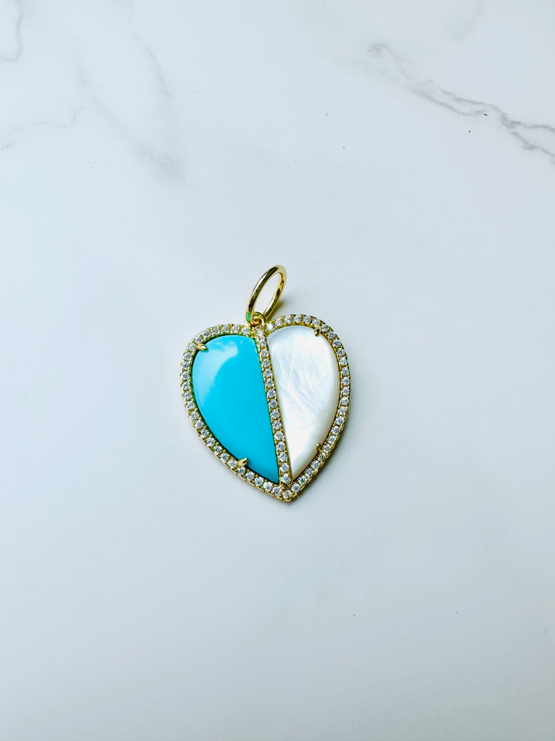 Split Mother of Pearl and Turquoise Heart Cz Charm