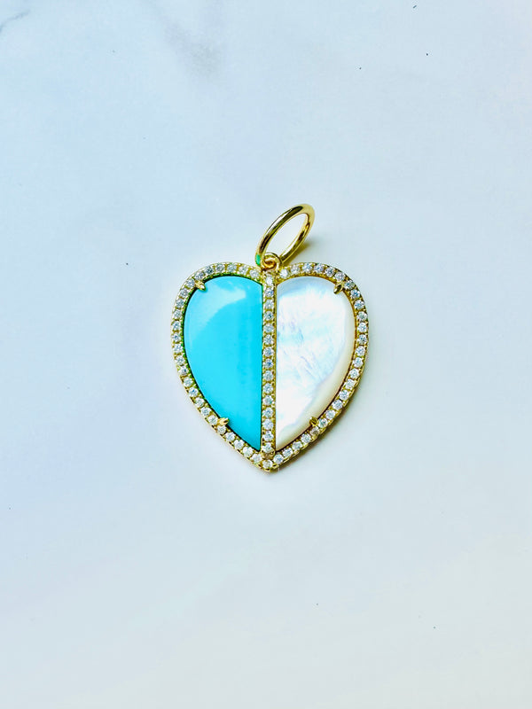Split Mother of Pearl and Turquoise Heart Cz Charm