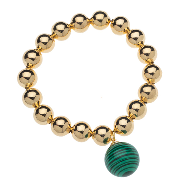 14k Gold Filled 10mm Bead Ball Stretch Bracelet with Large Malachite Ball by Menagerie