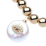 14k Gold Filled 6mm Bead Ball Stretch Bracelet  with Cz Evil Eye On a Coin Pearl by Menagerie