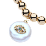 14k Gold Filled 6mm Bead Ball Stretch Bracelet with Diamond Shaped Evil Eye on a Coin Pearl