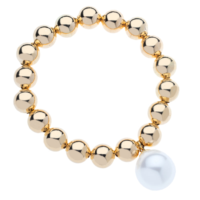 14k Gold Filled 10mm Bead Ball Stretch Bracelet with Large Pearl by Menagerie