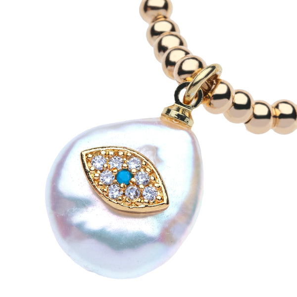 3mm 14Kt Gold Filled Bead Ball Necklace with a Triangle Evil Eye on a Coin Pearl