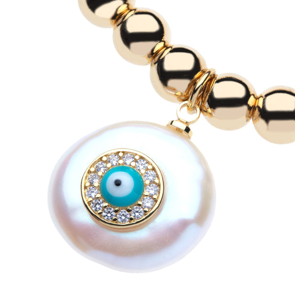 14k Gold Filled 6mm Bead Ball Stretch Bracelet  with Turquoise Evil Eye On a Coin Pearl by Menagerie