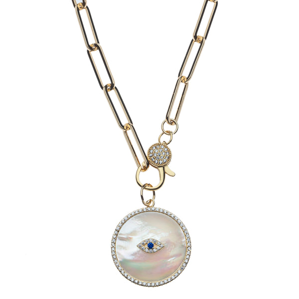 Evil Eye Pearl Disk Charm Necklace on Paperclip chain with Cz Hinge Clasp