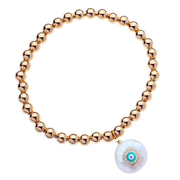 14k Gold Filled 6mm Bead Ball Stretch Bracelet  with Turquoise Evil Eye On a Coin Pearl by Menagerie