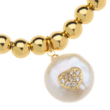 14k Gold Filled 6mm Bead Ball Stretch Bracelet  with Pave Cz Heart On a Coin Pearl by Menagerie