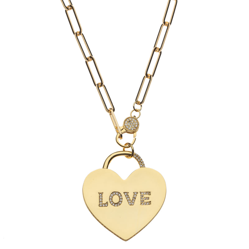 LOVE Heart Pendant Necklace on Paperclip chain with Cz Hinge Clasp