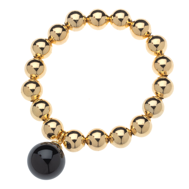 14k Gold Filled 10mm Bead Ball Stretch Bracelet with Large Onyx Ball by Menagerie