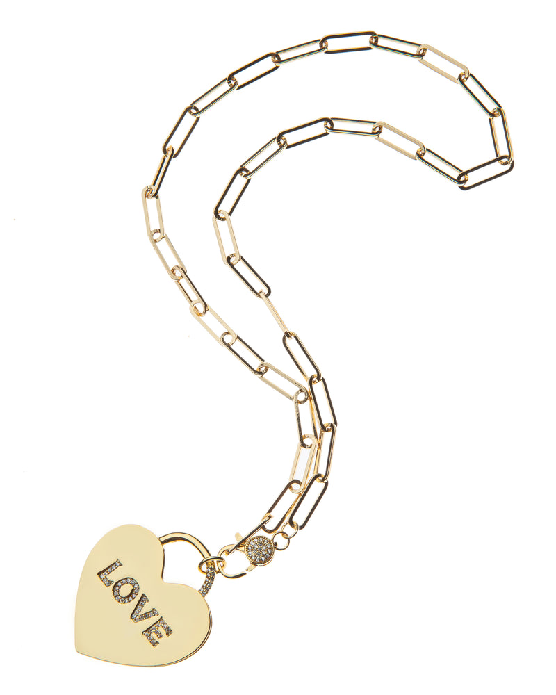 LOVE Heart Pendant Necklace on Paperclip chain with Cz Hinge Clasp