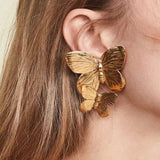 Gold Double Butterfly Post Backing Statement Earrings