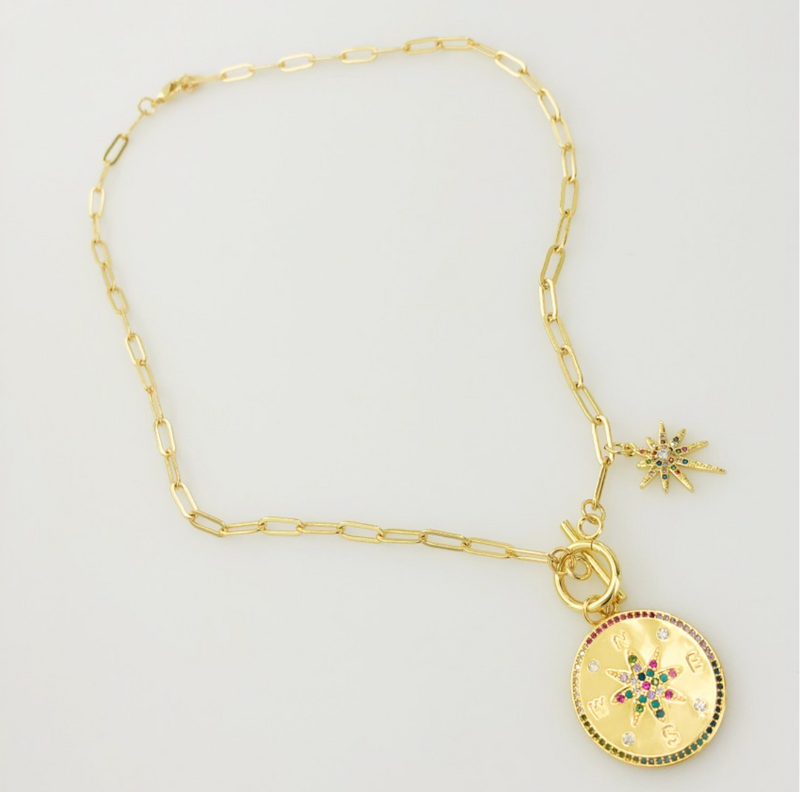 Paperclip Chain Necklace with Compass and Starburst