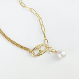 Half Curb Half Paperclip Chain Necklace with Detachable Pearl
