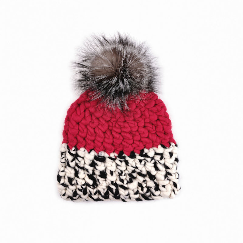 Red White and Black Color block Beanie with Silver Fox Pom by Mischa Lampert